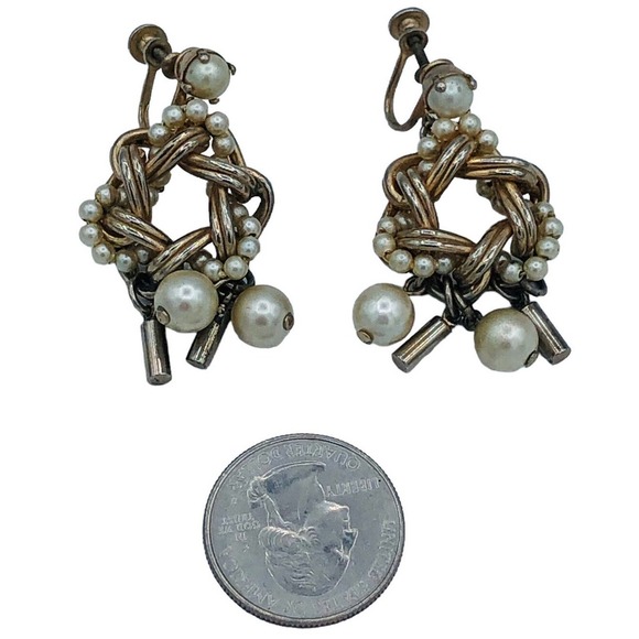 Barclay Pearl Silver tone Dangle Drop Clip On Earrings Mid century Classic - Picture 4 of 11